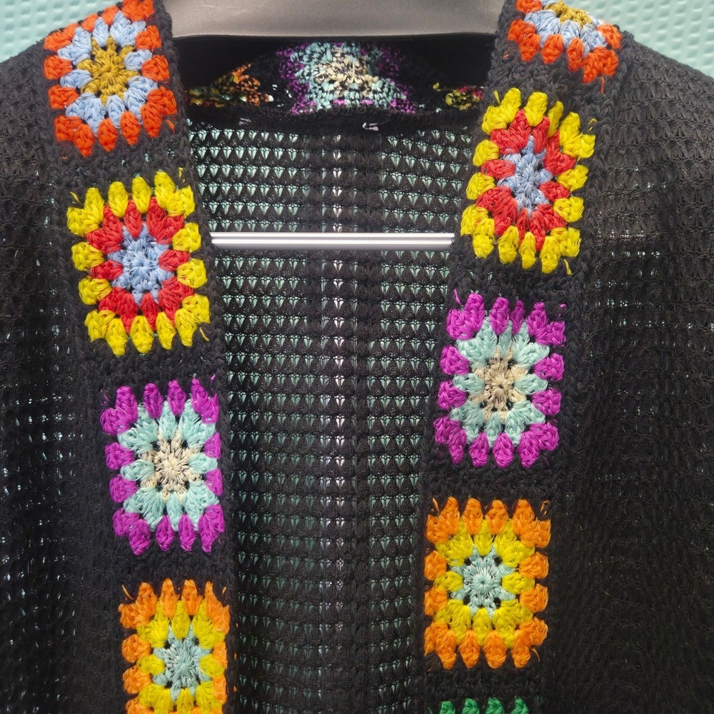 Granny‎ Square Crochet Trim Cardigan Women Black Cotton Mesh Longline L
